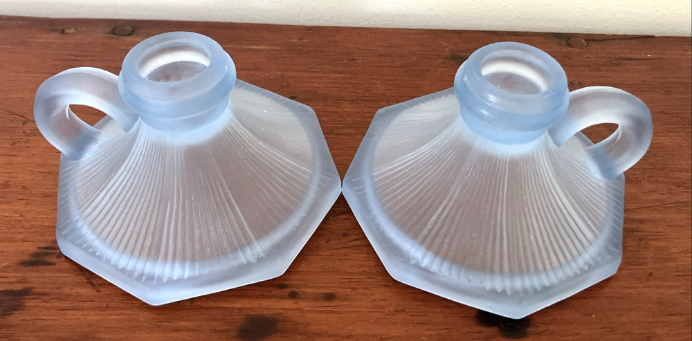 Vintage 80s PWF Taiwan Light Blue Frosted Glass Candle Stick Holders Finger Loop